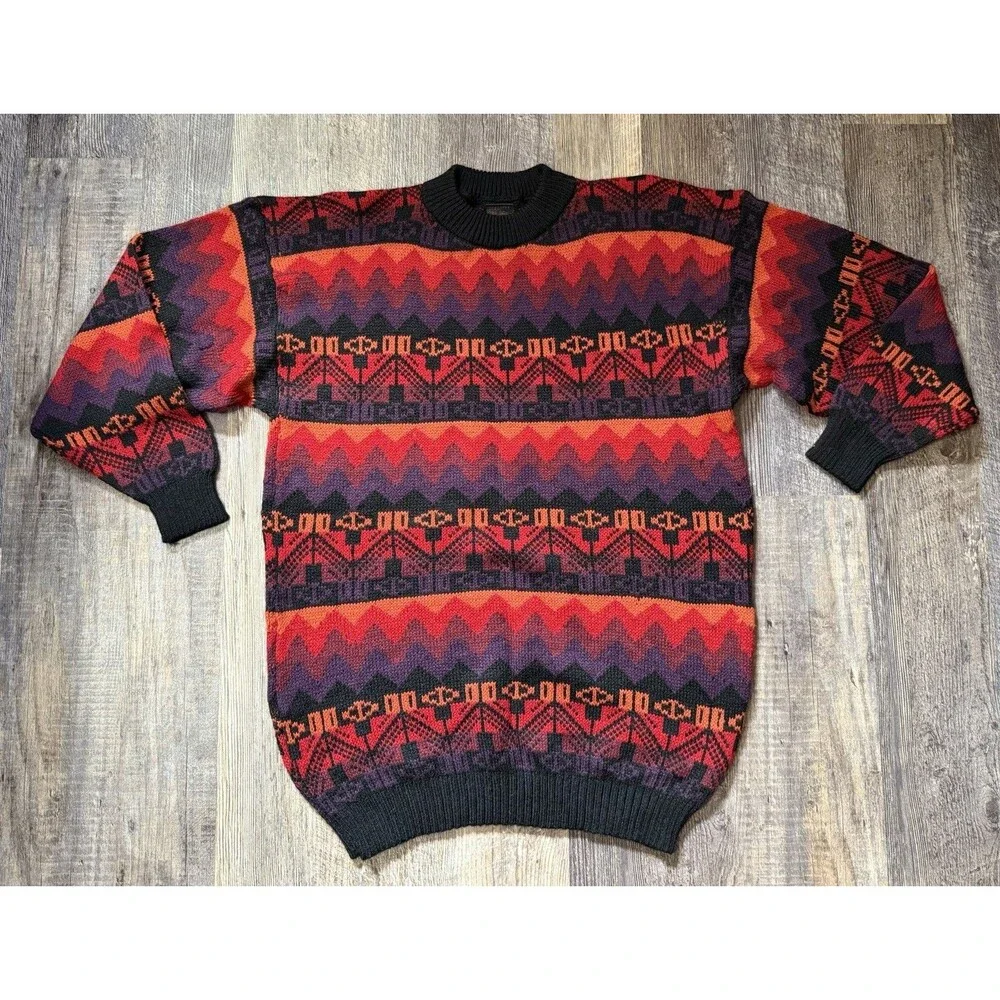Vintage Baby Alpaca Southwestern Geometric Knit Sweater Men’s Medium Red Black